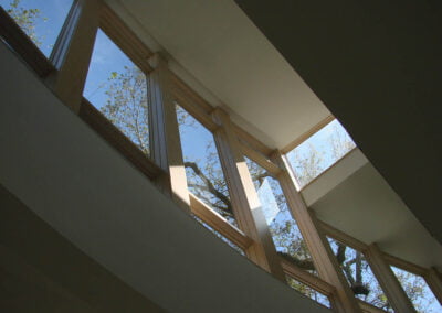Angled view of tall, narrow windows with tree branches and blue sky visible through the glass.